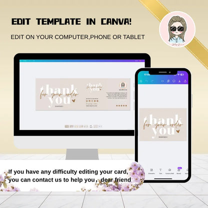 Thank You Card Template displayed on computer and mobile devices, customizable for small business use.