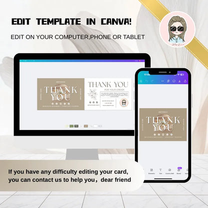 Thank You Card Template displayed on computer and phone for editing in Canva with digital user instructions.