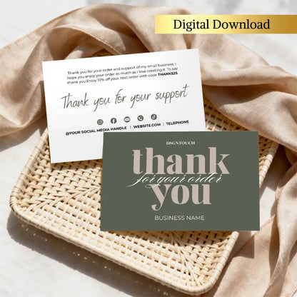 Thank You Card Template featuring elegant designs for order appreciation with social media contact details.