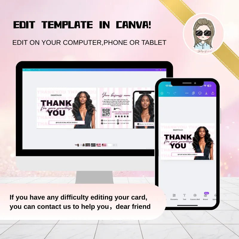 Thank you business cards template shown on computer and phone, editable in Canva for easy customization.