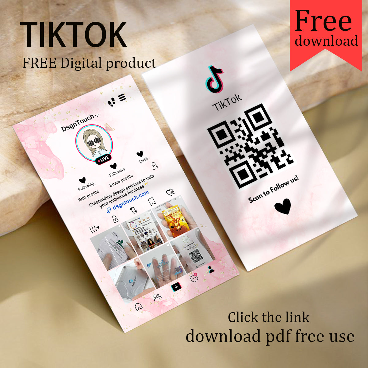 DsgnTouch Pink TikTok Marble QR Code Social Media Business Card free use