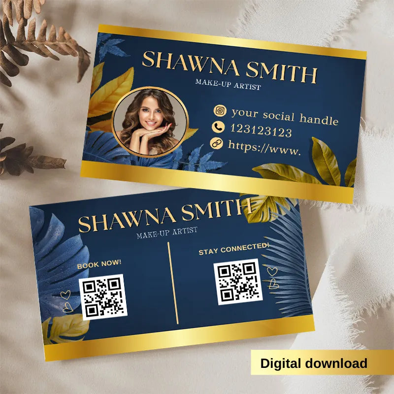 Premium Editable Hair Salon Business Cards by DSGNTOUCH showcasing a makeup artist's design with QR codes.