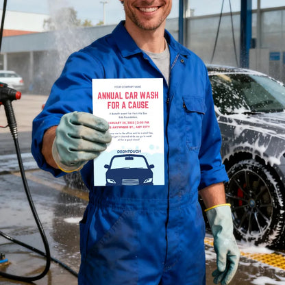 Annual car wash for a cause flyer template: Charity event design with pricing tiers (quick/deep/all clean) & event details