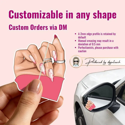 Nail business card held in hand, customizable in any shape, showcasing unique design options by dsgntouch.