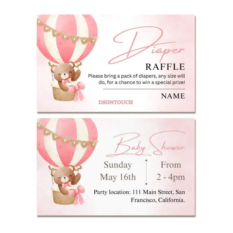 Printable Baby Shower Invitations featuring a cute bear in a hot air balloon for a diaper raffle.