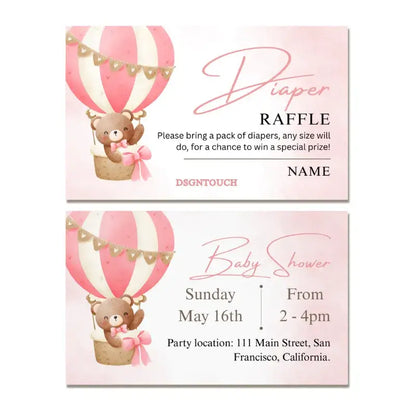 Printable Baby Shower Invitations featuring a cute bear in a hot air balloon for a diaper raffle.