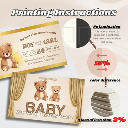 DIY Baby Shower Invitations printing instructions showing design and tips on color and lamination.