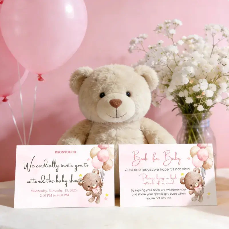 Printable Baby Shower Invitations - Pink Girl Designs featuring a teddy bear and balloons, perfect for welcoming your little girl.