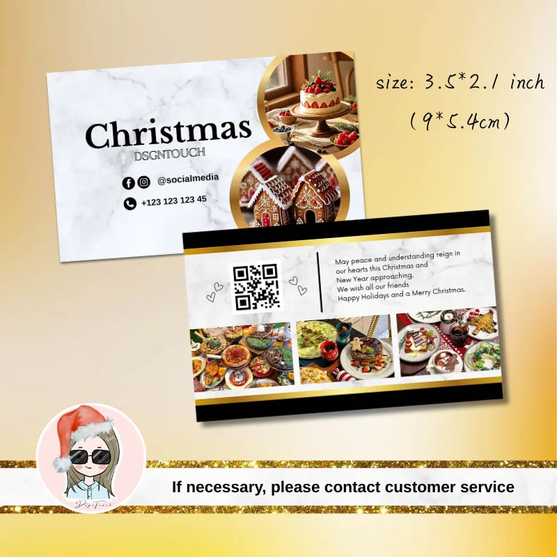 Close-up back view of the Christmas card showing contact details placeholder for a bakery, including phone, email, and website.