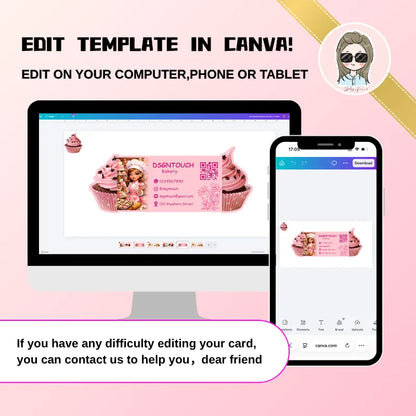 Pink cupcake bakery business card template displayed in Canva on a desktop computer and smartphone.