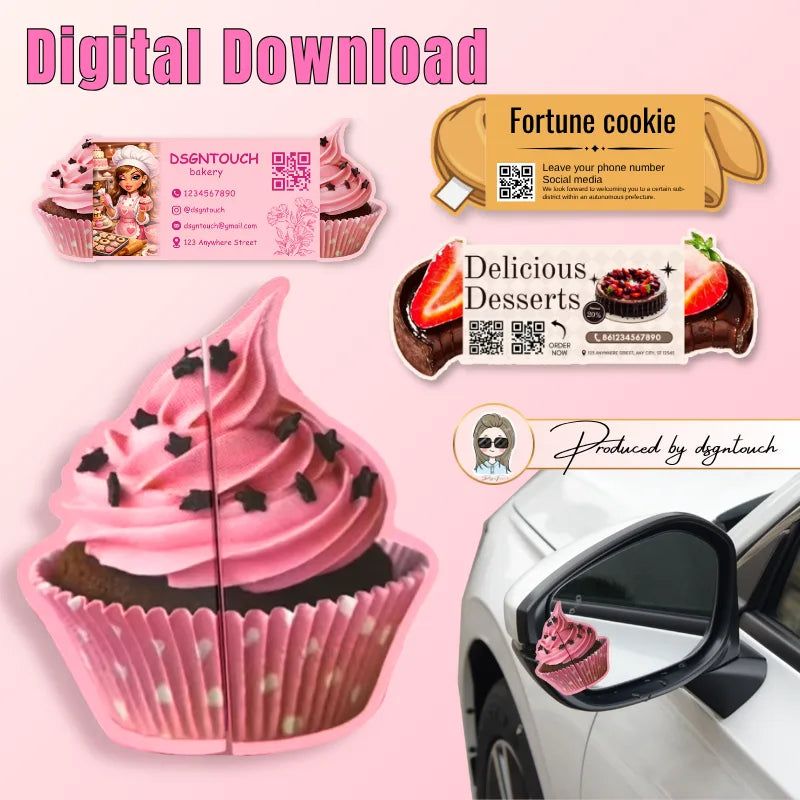 Bakery business card template previews with cupcake, fortune cookie and strawberry dessert shapes, plus a folded cupcake card example.