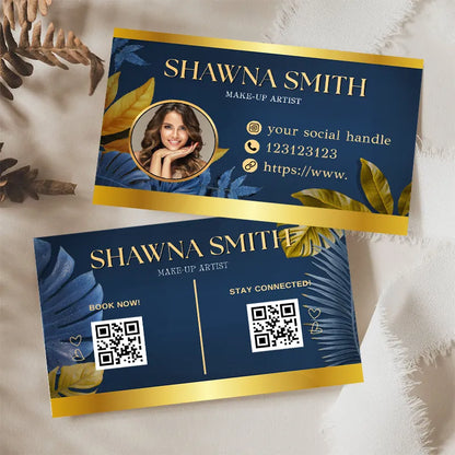High-end glossy business cards featuring a make-up artist design with tropical leaves and QR codes.