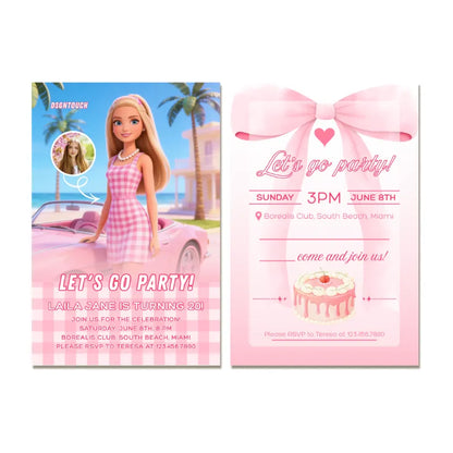 Barbie-themed pink birthday card invitation, 10x15cm size, 300g paper, free custom design template available