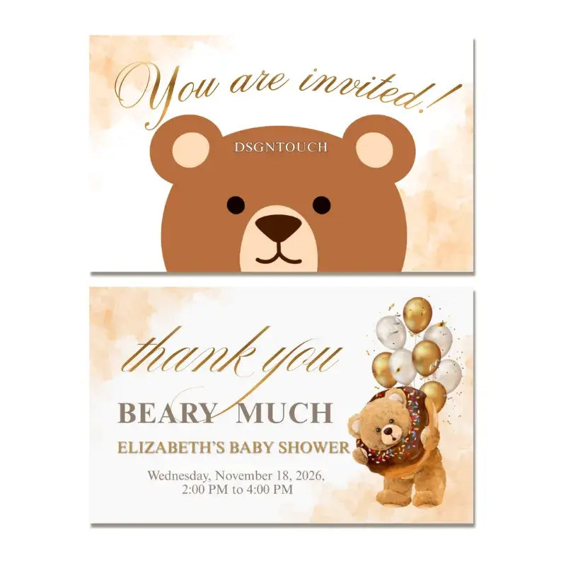 DIY Baby Shower Invitations featuring a cute bear design and gold accents. Customizable printed cards by dsgntouch.