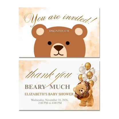 DIY Baby Shower Invitations featuring a cute bear design and gold accents. Customizable printed cards by dsgntouch.
