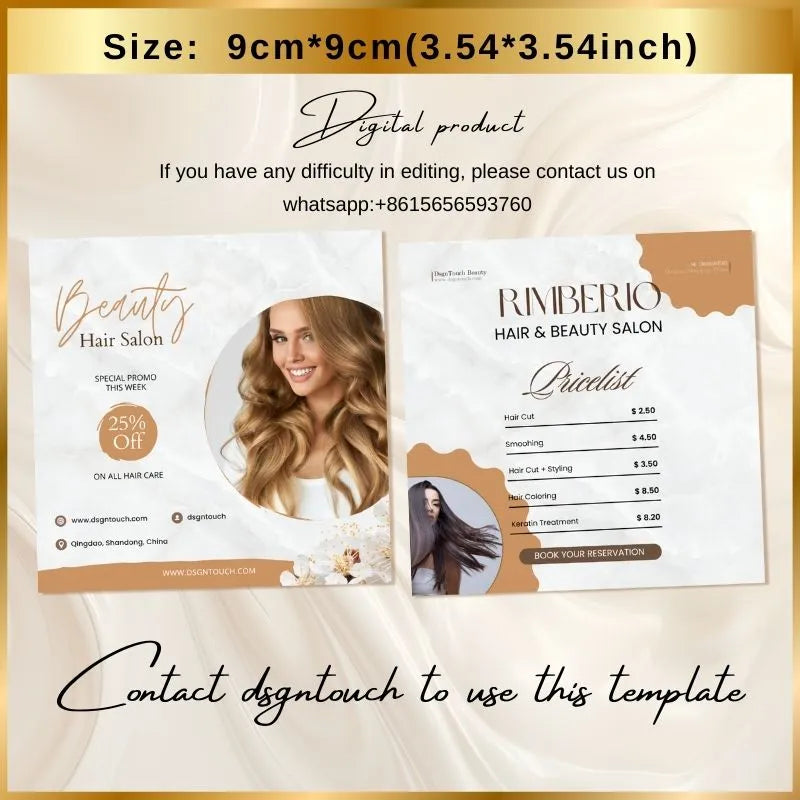 9cm*9cm digital template for hair salons: includes 25% off promo flyer + service pricelist; labeled as a digital product.