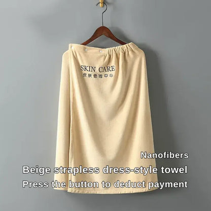 Beige strapless dress-style towel for beauty salon