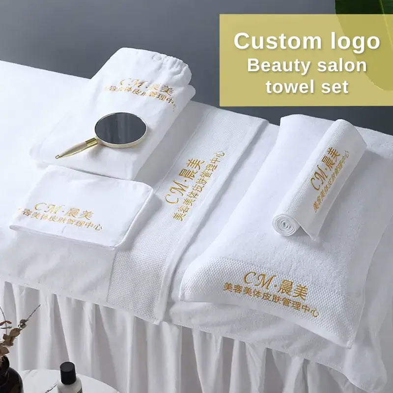 White beauty salon towel set with custom logo