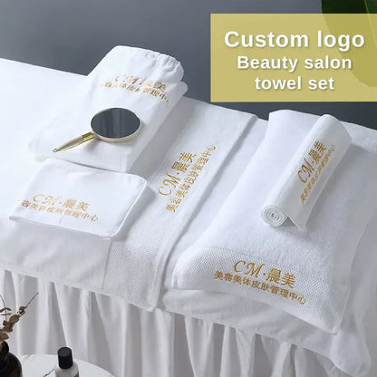 White beauty salon towel set with custom logo