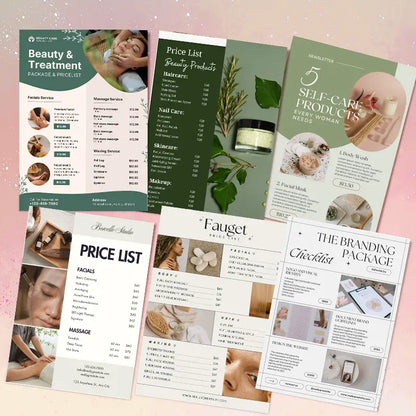 Collage of beauty salon price list templates: facial/massage service menus, beauty product price sheets, and branding checklists