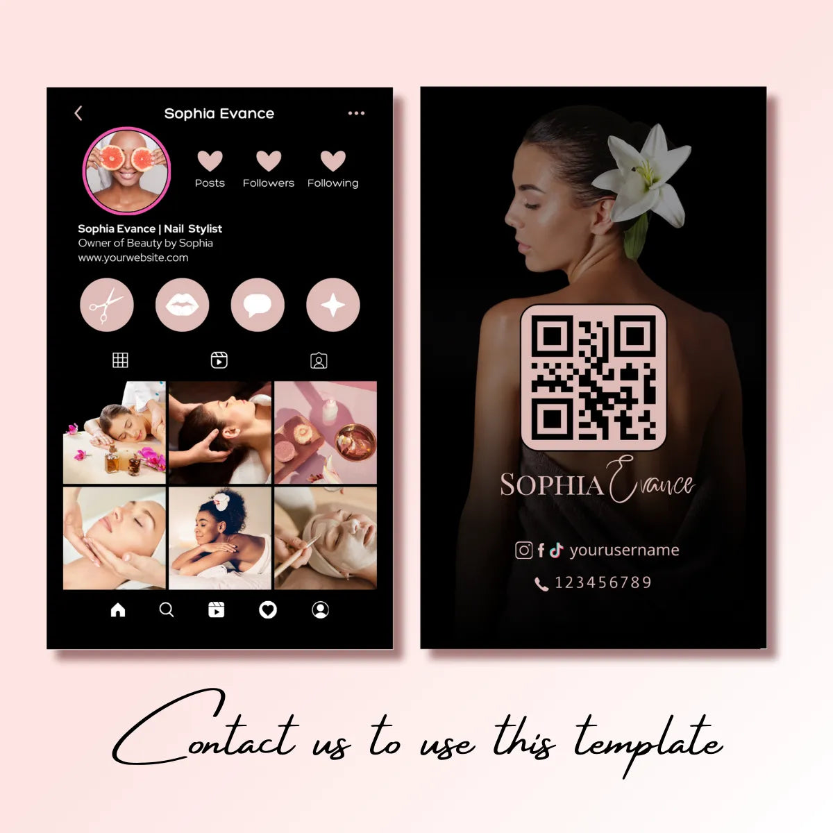 Beauty spa/nail stylist template (Instagram profile + business card): includes spa service portfolio, QR code, and contact info; text "Contact us to use this template".