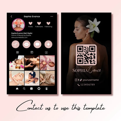 Beauty spa/nail stylist template (Instagram profile + business card): includes spa service portfolio, QR code, and contact info; text "Contact us to use this template".