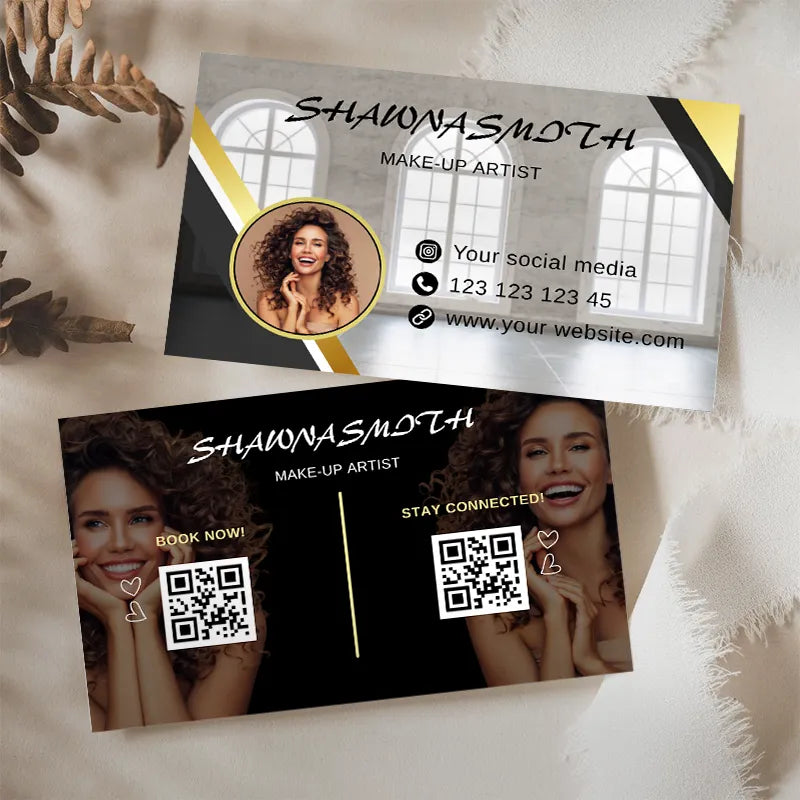 High-end glossy business cards showcasing makeup artist designs with QR codes and elegant layouts.
