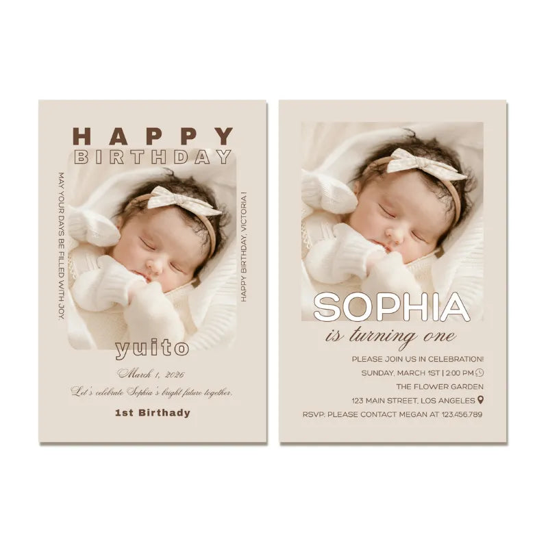 Elegant beige 1st birthday invitation template for “Sophia”， available for free customization and printing.