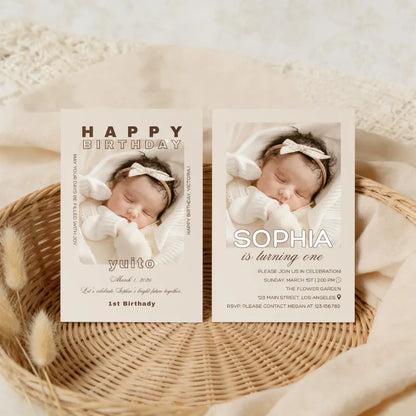 Beautiful beige floral first birthday invitation card example for “Sophia”， a template for your free custom design.