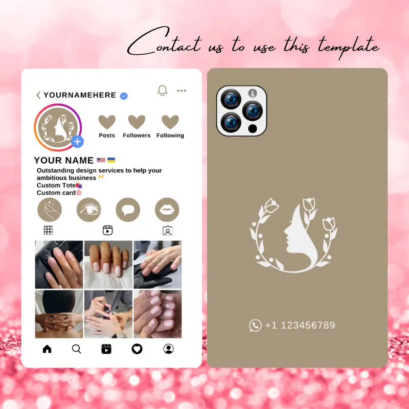 Beige wreath-themed nail artist Instagram template: features a custom logo, nail service icons, and nail art portfolio previews; paired with a matching phone case design.