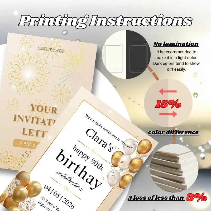 Printing instructions and finish options for a birthday card for elderly.