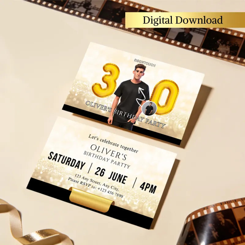 30th birthday card for man featuring golden 30, celebration details and modern design from DSGTNTOUCH, digital download.