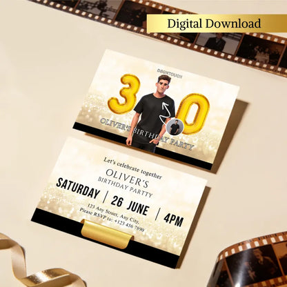 30th birthday card for man featuring golden 30, celebration details and modern design from DSGTNTOUCH, digital download.