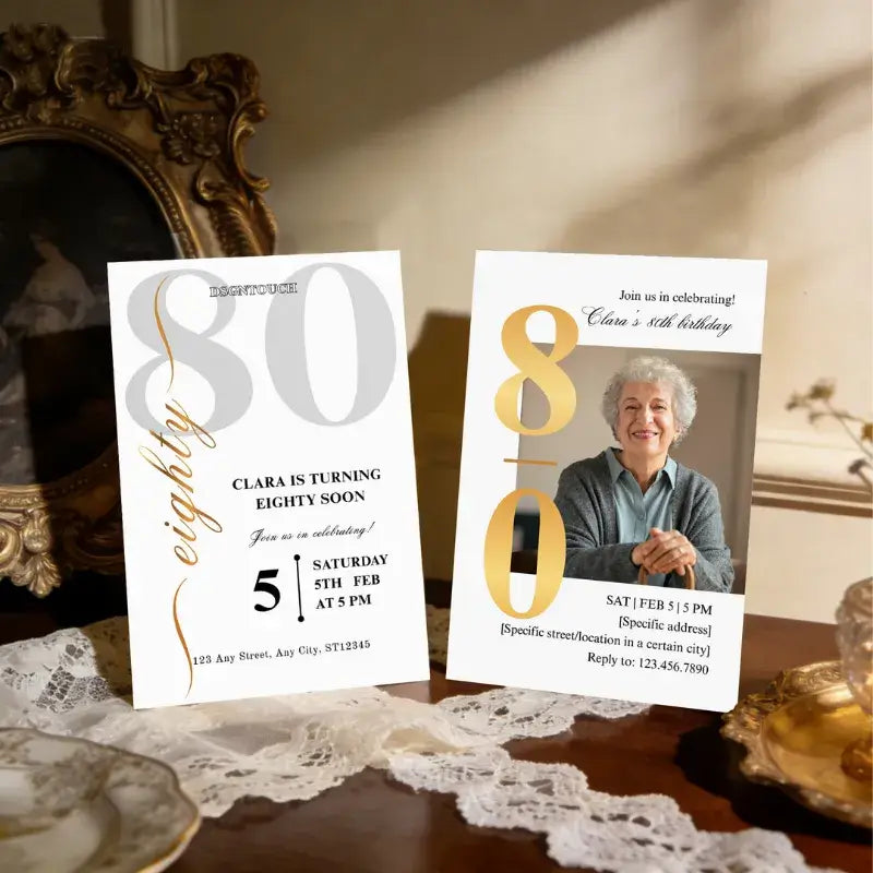 Preview of an “80th Birthday” invitation card for Clara, a birthday card for an old person.