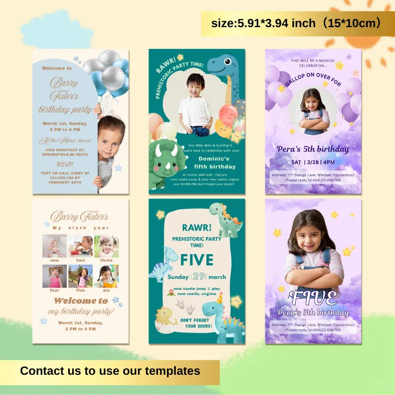 Examples of our custom birthday invitation templates: dinosaur party, fairy celebration, and more. Ask about our free nautical theme design.