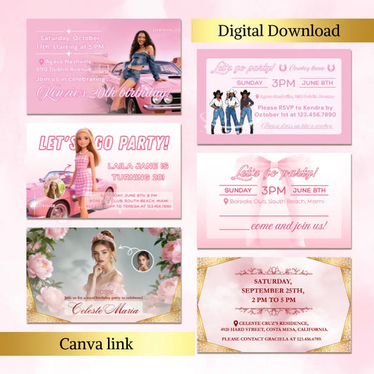 Multiple design examples for girls birthday party invitations | Pink customizable digital cards