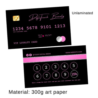 Black + pink beauty VIP loyalty card template: unlaminated (300g art paper), with 10-visit 25% off reward, social media links, and expiration date.