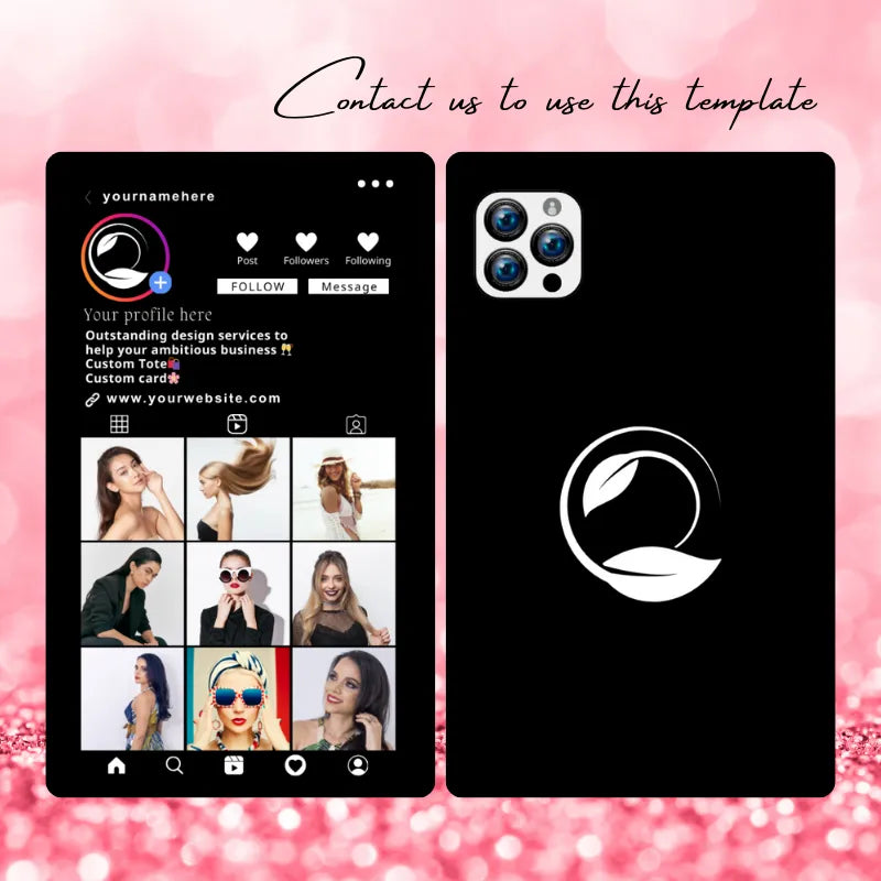 Black & white beauty brand Instagram profile template: includes a custom leaf logo, service listings, and beauty portfolio previews; paired with a matching phone case design.