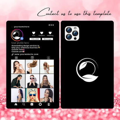 Black & white beauty brand Instagram profile template: includes a custom leaf logo, service listings, and beauty portfolio previews; paired with a matching phone case design.