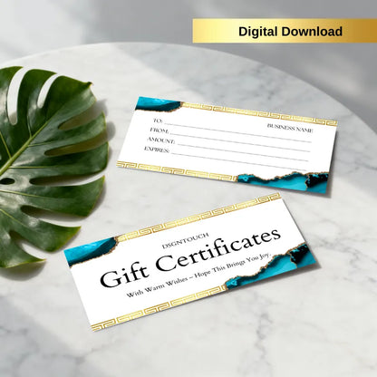 Blue & gold watercolor digital gift card template: Customizable gift certificate with warm wishes message (watercolor gift idea, digital download)