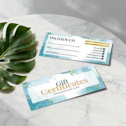 Blue & gold watercolor gift card template by DSGNTOUCH: Customizable gift certificate with to/from/amount fields (easy to write)