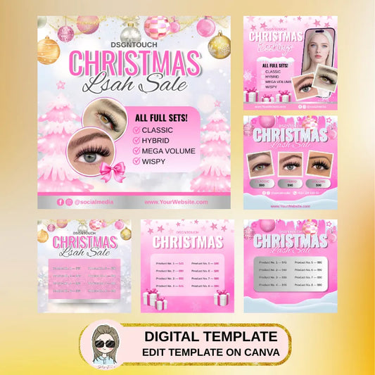 Blush pink Christmas digital business cards featuring lash studio holiday sale promotions and service options.