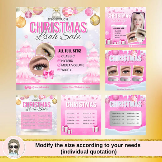 Lash price list for DSGNTOUCH Christmas lash sale with various lash styles in a festive design.