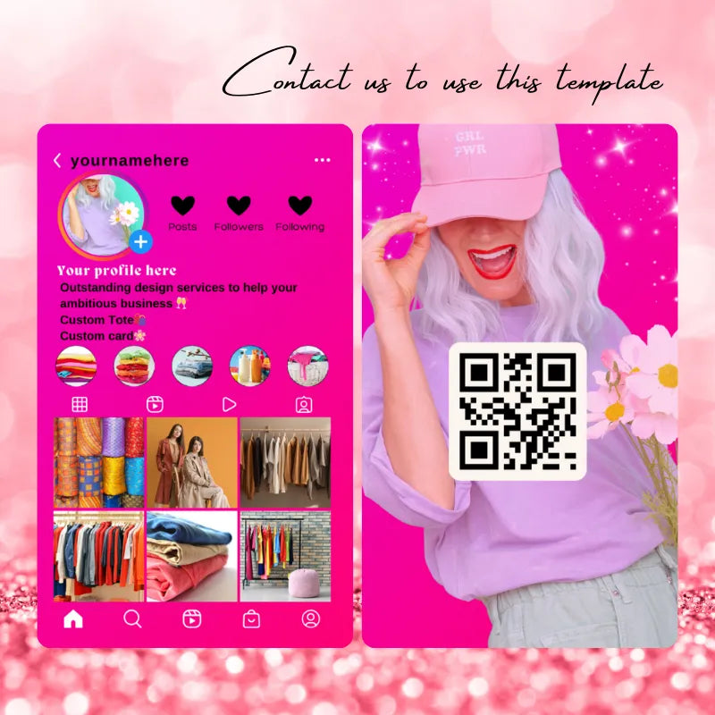 Bright pink fashion brand template set: includes an Instagram profile mockup (showcasing custom tote/card services) + a QR code contact card with a "GRL PWR" themed visual.