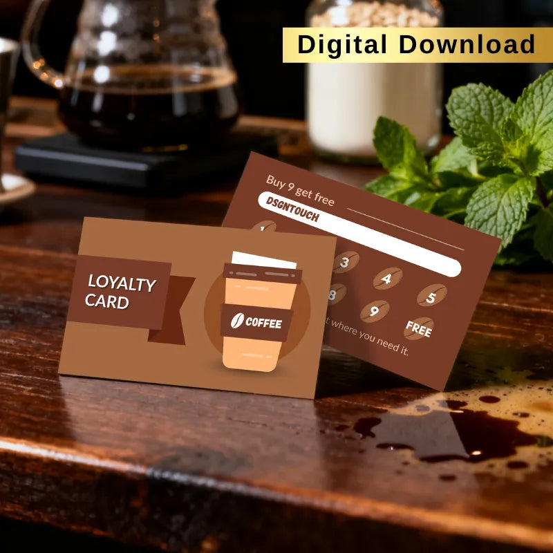Brown coffee loyalty card in cafe setting (digital download): Reward card with takeaway coffee graphic and 'Buy 9 get 1 free' offer for cafes