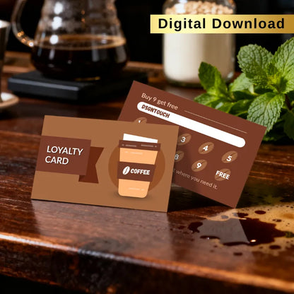 Brown coffee loyalty card in cafe setting (digital download): Reward card with takeaway coffee graphic and 'Buy 9 get 1 free' offer for cafes