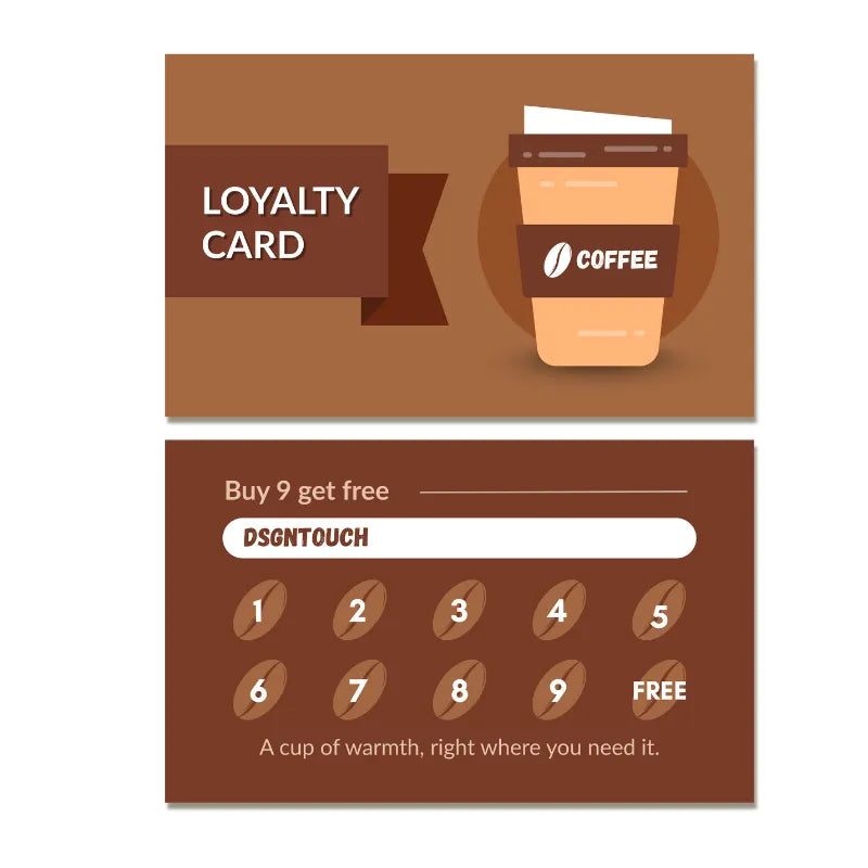 Brown coffee loyalty card template for cafes: 'Buy 9 get 1 free' reward card design with coffee cup graphic and stamp spots