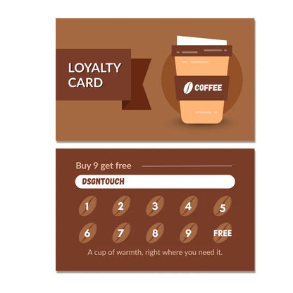 Brown coffee loyalty card template for cafes: 'Buy 9 get 1 free' reward card design with coffee cup graphic and stamp spots
