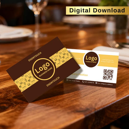 Brown food restaurant business card template with logo and QR code. Professional contact card design for cafes