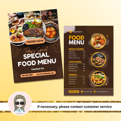 Brown 'Today's Special' food menu flyer in restaurant scene: Order-ready design with main course & contact info